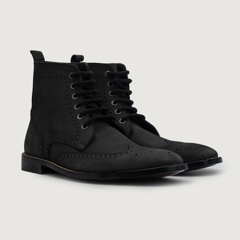 Duster Brogues Derby أسود Nubuck أحذية بوت جلدية رجالي