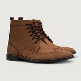 Duster Brogues Derby Brown Nubuck Leather Boots For Men in Brown Full-Grain Leather - Front Profile View & Tailored Silhouette | Buy Online