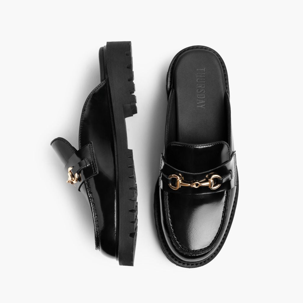 Penny Mule أسود & Gold أحذية لوفر جلدية بدون كعب نسائي - دعامة الكعب المقواة وتفاصيل الخياطة المزدوجة الدقيقة
