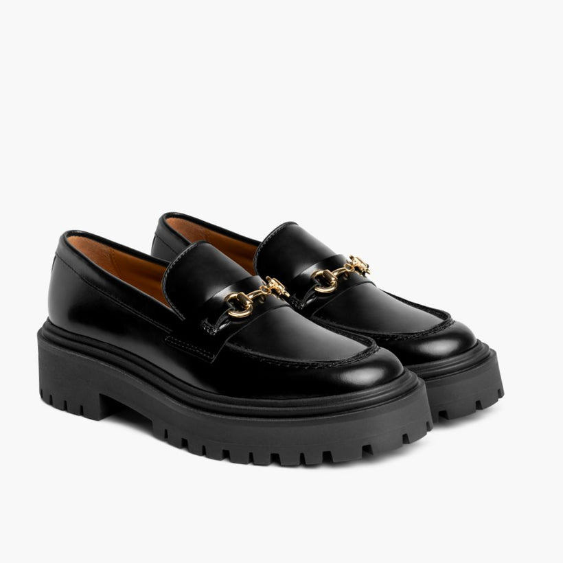 Penny Platform أسود & Gold Leather Loafers نسائي