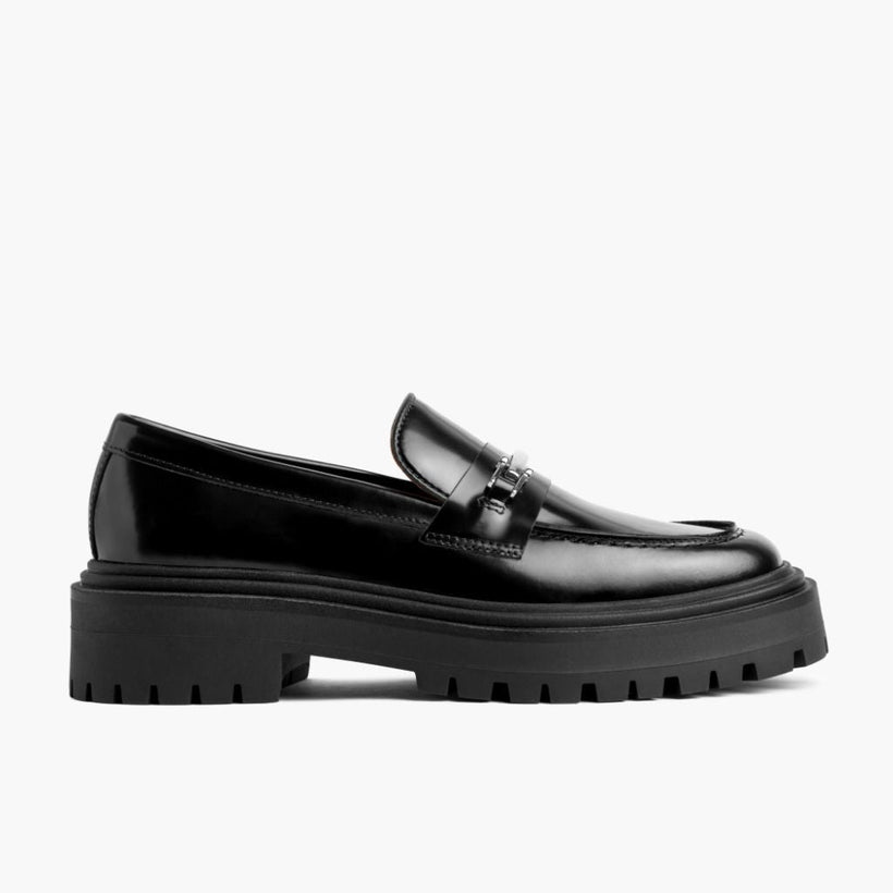 Penny Platform أسود & Silver Leather Loafers نسائي