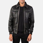 
Aaron Distressed Black Leather Bomber Jacket in Black Cowhide Leather - عرض أمامي وقَصّة مفصلة أنيقة | شراء أونلاين عبر المتجر الرسمي