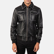 
تفاصيل مقربة of High Neck & Zipper Hardware on Aaron Distressed Black Leather Bomber Jacket