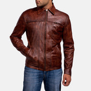 
Distressed Brown Sheep Skin Burnishing Biker Jacket - عرض خلفي يوضح تفصيل الأكتاف المتقن والحاشية النظيفة