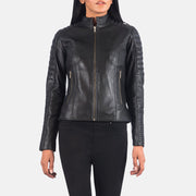 
Black Sheepskin Leather Biker Jacket - عرض خلفي يوضح تفصيل الأكتاف المتقن والحاشية النظيفة