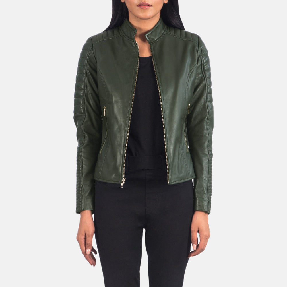 
Adalyn مبطن ومحاك أخضر جاكيت بايكر جلد طبيعي نسائي in Green Sheepskin Leather - عرض أمامي وقَصّة مفصلة أنيقة | شراء أونلاين عبر المتجر الرسمي
