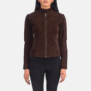 Adalyn مبطن Mocha Suede جاكيت بايكر جلد نسائي in Mocha Brown Goatskin Suede - عرض أمامي وقصة مفصلة أنيقة | تسوق أونلاين