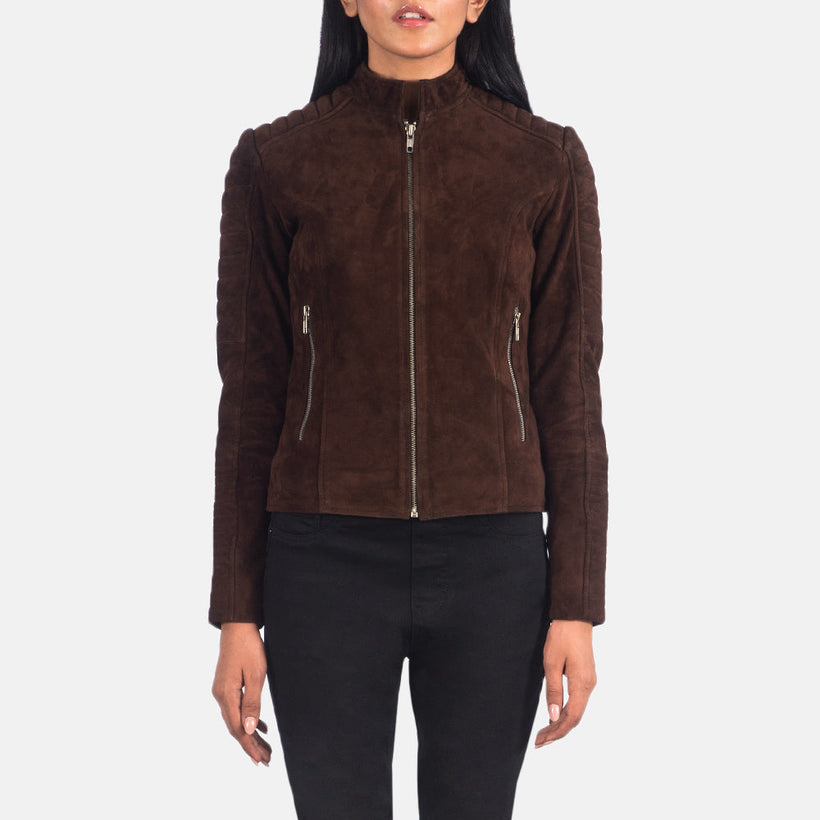 Adalyn مبطن Mocha Suede جاكيت بايكر جلد نسائي