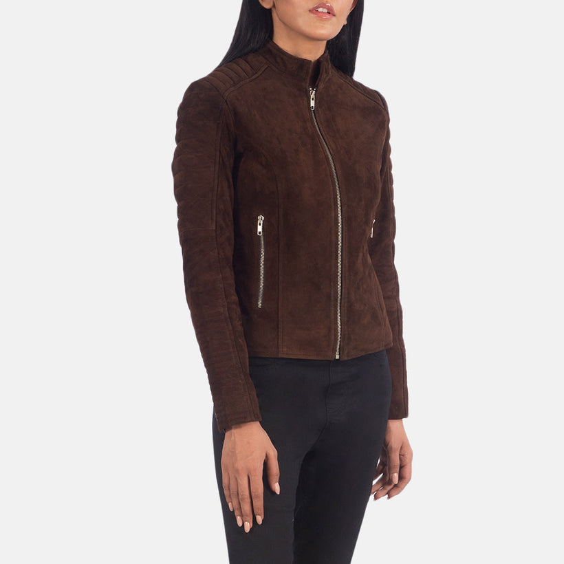 Adalyn مبطن Mocha Suede جاكيت بايكر جلد نسائي