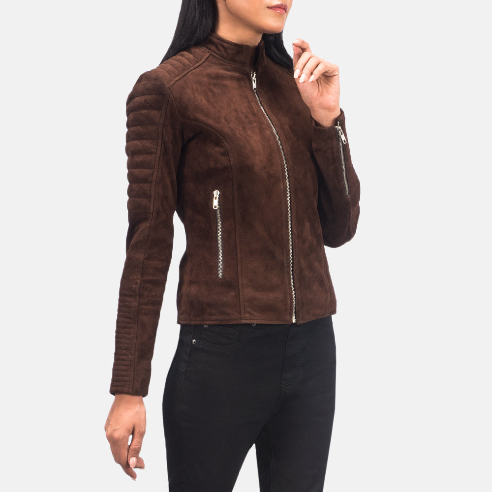 Adalyn مبطن Mocha Suede جاكيت بايكر جلد نسائي - عرض جانبي يوضح قصة الأكمام والقصة الرياضية الانسيابية