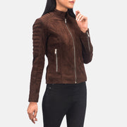 Adalyn مبطن Mocha Suede جاكيت بايكر جلد نسائي - عرض جانبي يوضح قصة الأكمام والقصة الرياضية الانسيابية