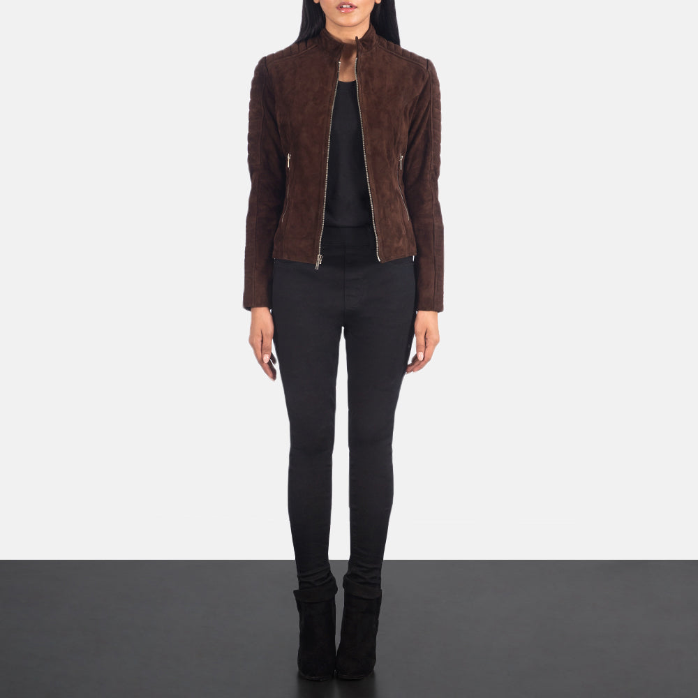 تفاصيل مقربة of Band &amp; Zipper Hardware on Adalyn مبطن Mocha Suede جاكيت بايكر جلد نسائي