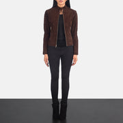 تفاصيل مقربة of Band &amp; Zipper Hardware on Adalyn مبطن Mocha Suede جاكيت بايكر جلد نسائي
