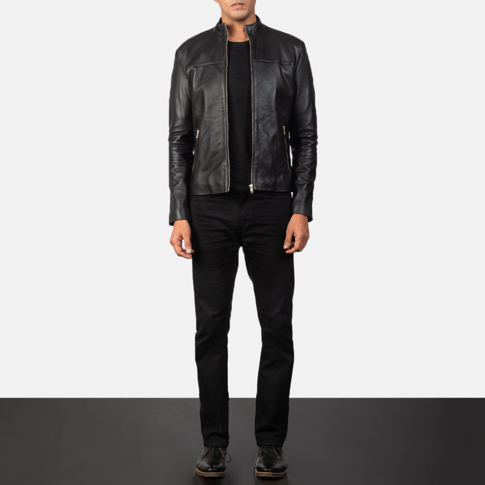 Close-Up Detail of Band &amp; Zipper Hardware on Men's Adornica أسود جاكيت بايكر جلد رجالي
