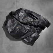 
Rib knit & Hem Craftsmanship Construction Detail on Agent Shadow أسود جاكيت بومبر جلد رجالي