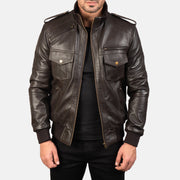 Men's Agent Shadow بني جاكيت بومبر جلد رجالي in Brown Sheepskin Leather - Front Profile View &amp; Tailored Silhouette | Buy Online