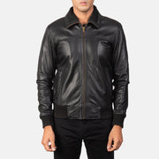 Close-Up Detail of Rib Knit &amp; Zipper Hardware on Men's Air Rolf أسود جاكيت بومبر جلد رجالي