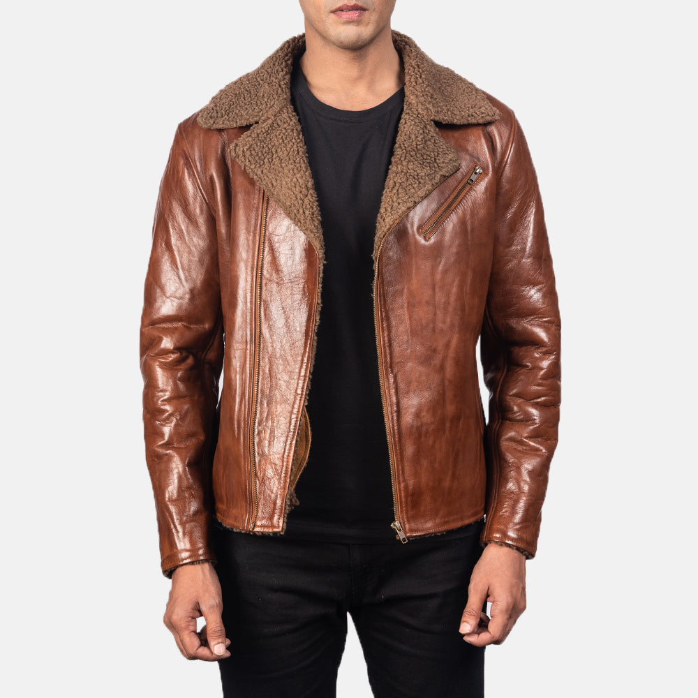 Men's Alberto Shearling بني جاكيت جلد رجالي in Brown Sheepskin Leather - Front Profile View &amp; Tailored Silhouette | Buy Online