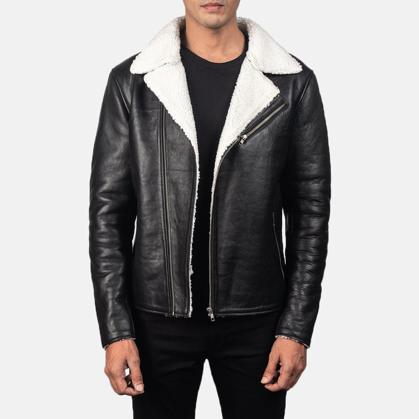 Alberto White Shearling أسود جاكيت جلد رجالي