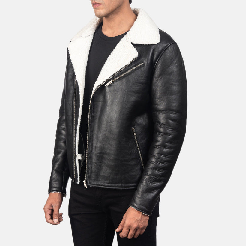 Alberto White Shearling أسود جاكيت جلد رجالي