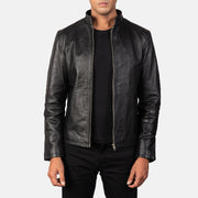 Men's Alex Black Leather Biker Jacket in Black Cowhide Leather - Front Profile View &amp; Tailored Silhouette | Buy Online
