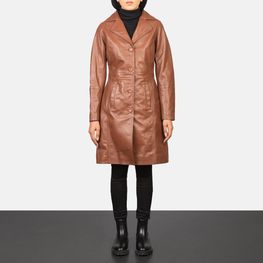 Women's Alexis بني Single Breasted معطف جلد نسائي - Lateral Side Profile View Showing Sleeve Cut &amp; Athletic Taper Fit