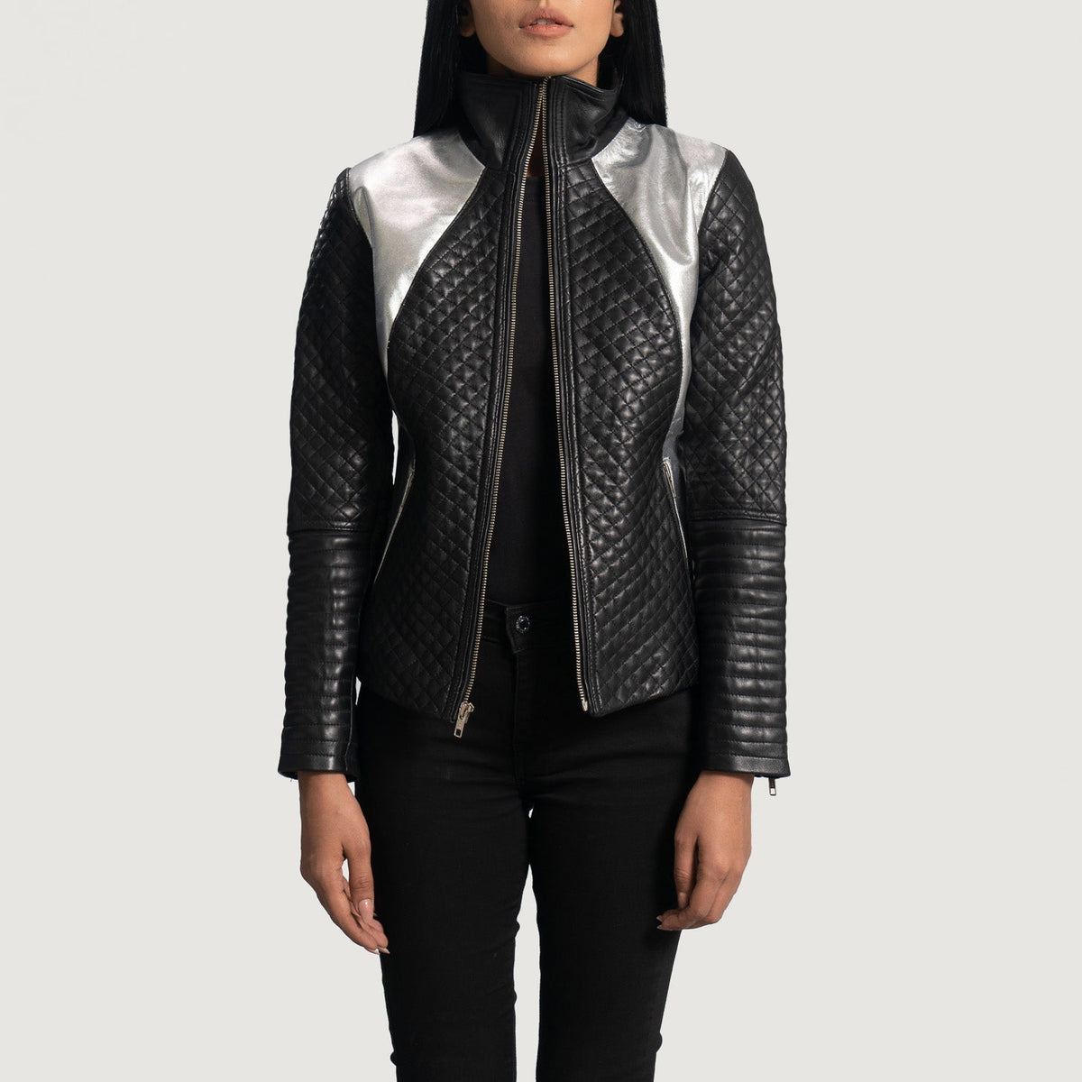 Women's Alia Metallic أسود جاكيت بايكر جلد نسائي in Black Sheepskin Leather - Front Profile View &amp; Tailored Silhouette | Buy Online