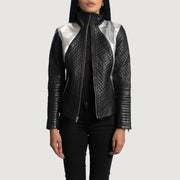 Women's Alia Metallic أسود جاكيت بايكر جلد نسائي in Black Sheepskin Leather - Front Profile View &amp; Tailored Silhouette | Buy Online