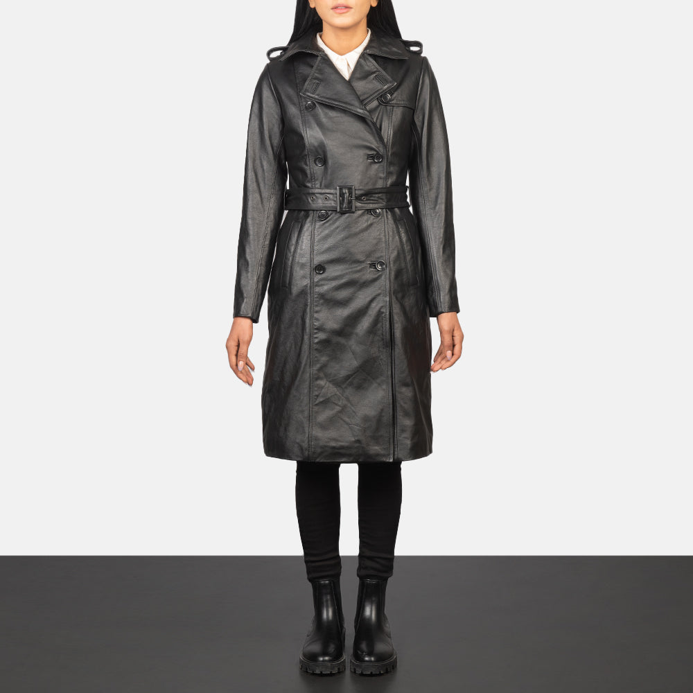 
Alice Black Double Breasted Leather Coat in Black Cowhide Leather - عرض أمامي وقَصّة مفصلة أنيقة | شراء أونلاين عبر المتجر الرسمي