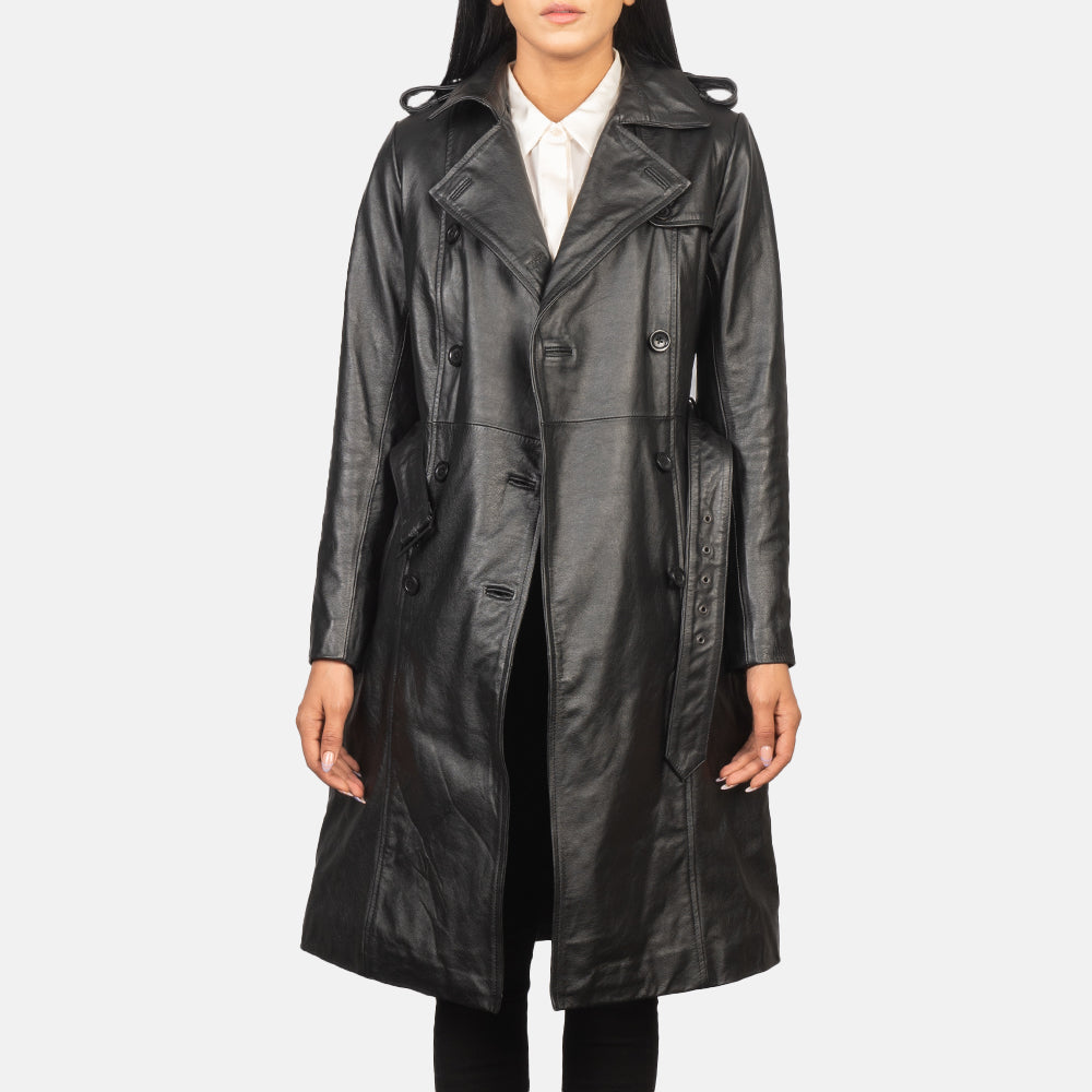 
Alice Black Double Breasted Leather Coat - عرض جانبي يوضح قَصّة الأكمام المريحة