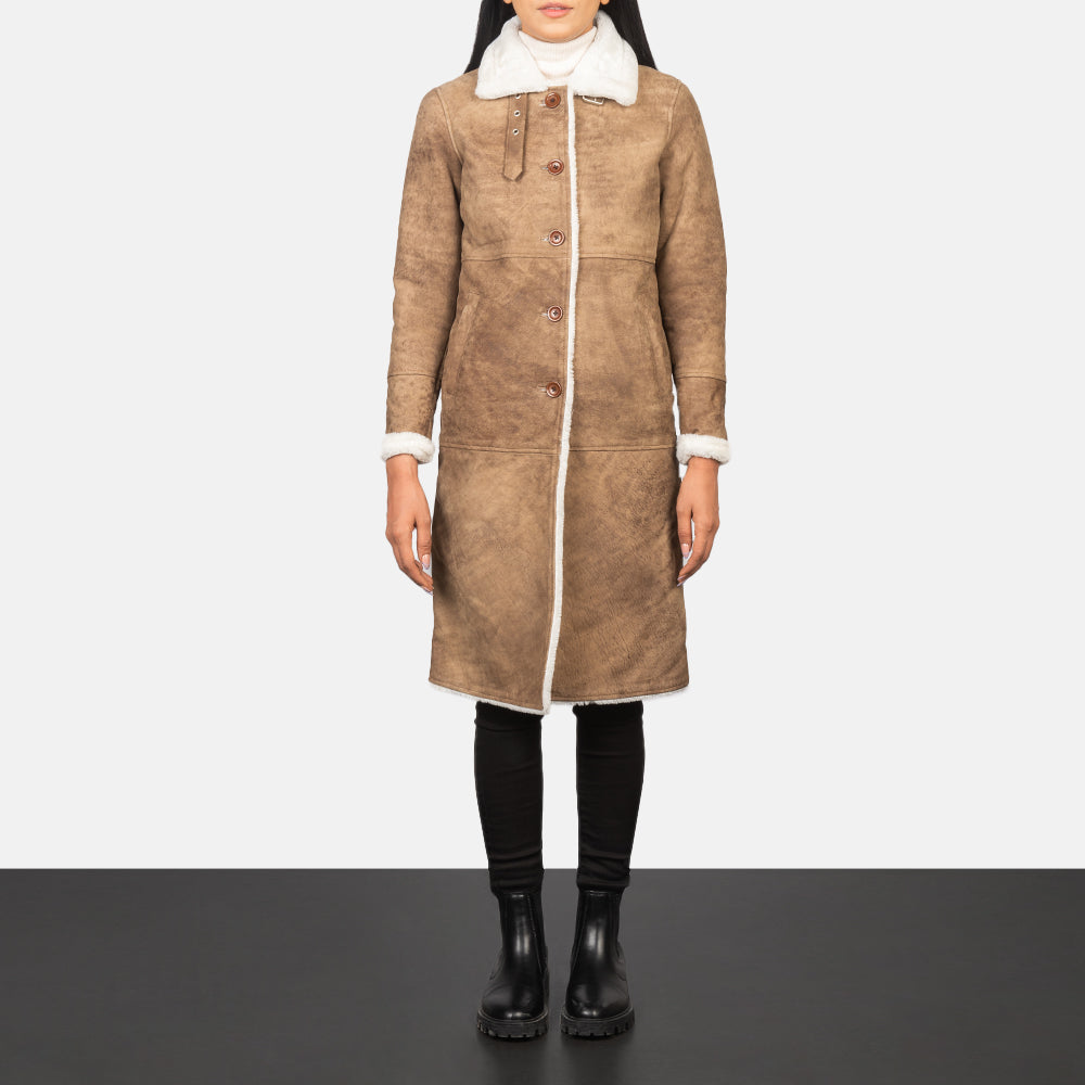 Women's Alina Shearling بني معطف جلد نسائي - Lateral Side Profile View Showing Sleeve Cut &amp; Athletic Taper Fit