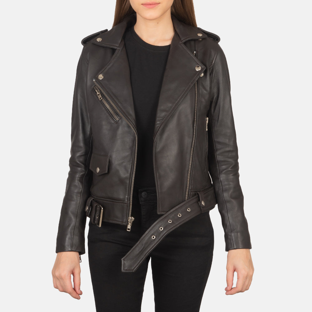 Women's Alison بني جاكيت بايكر جلد نسائي in Brown Sheepskin Leather - Front Profile View &amp; Tailored Silhouette | Buy Online