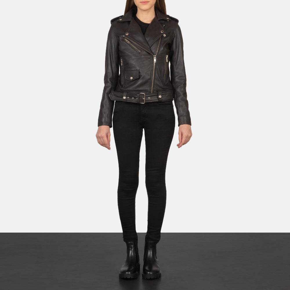 Women's Alison بني جاكيت بايكر جلد نسائي - Lateral Side Profile View Showing Sleeve Cut &amp; Athletic Taper Fit