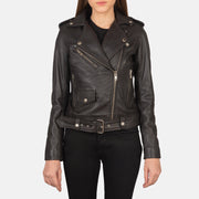 Close-Up Detail of Notch &amp; Zipper Hardware on Women's Alison بني جاكيت بايكر جلد نسائي