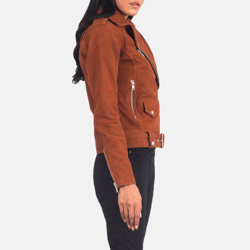Alison بني Suede جاكيت بايكر جلد نسائي