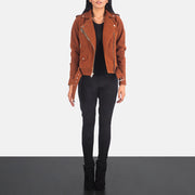 Women's Alison بني Suede جاكيت بايكر جلد نسائي - Lateral Side Profile View Showing Sleeve Cut &amp; Athletic Taper Fit