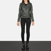 Women's Alison أخضر جاكيت بايكر جلد نسائي - Lateral Side Profile View Showing Sleeve Cut &amp; Athletic Taper Fit