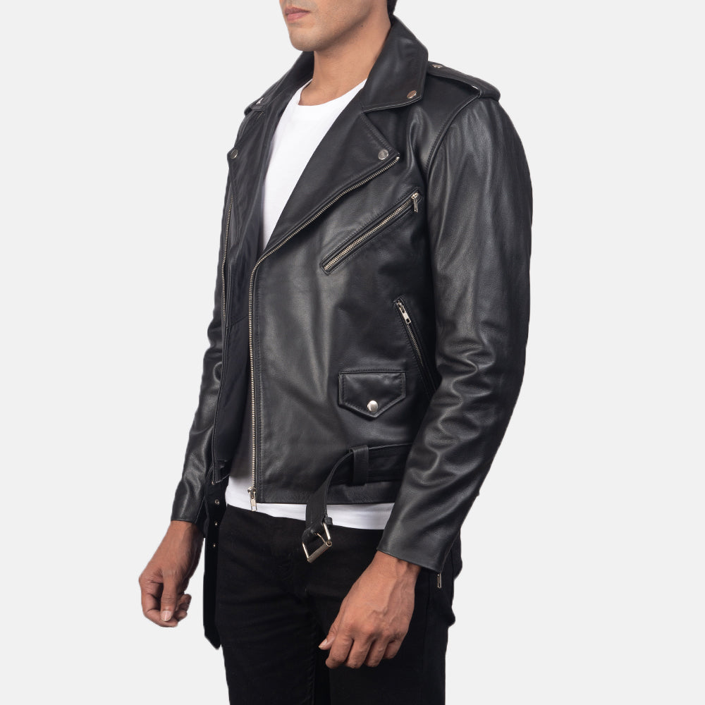 
Black Cowhide Leather Biker Jacket - عرض خلفي يوضح تفصيل الأكتاف المتقن والحاشية النظيفة