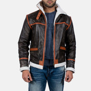 
Distressed Brown Goatskin Leather Aviator Jacket - عرض خلفي يوضح تفصيل الأكتاف المتقن والحاشية النظيفة