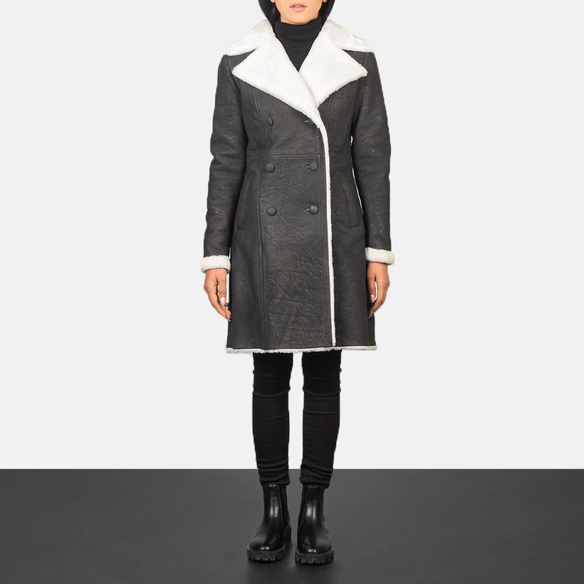 Amie أسود Double-Breasted Shearling معطف جلد نسائي