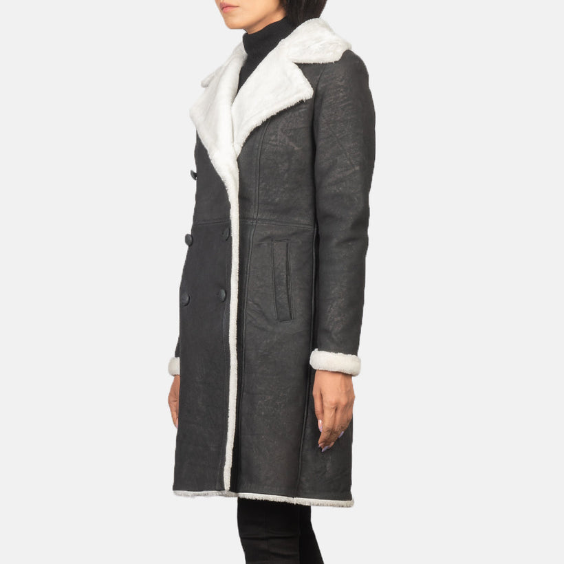 Amie أسود Double-Breasted Shearling معطف جلد نسائي
