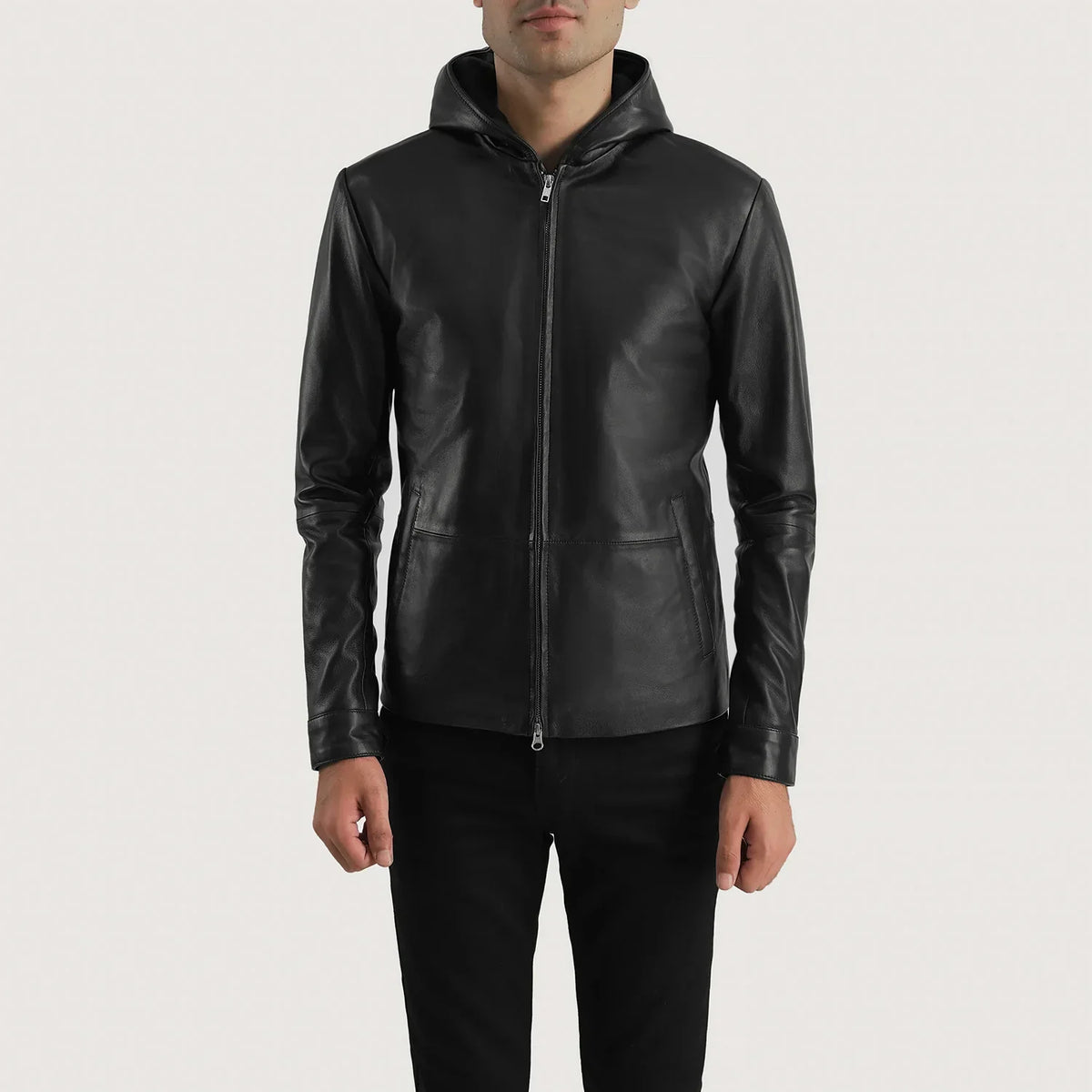 
Andy Matte أسود Hooded جاكيت جلد رجالي in Matte Black Sheepskin Leather - عرض أمامي وقَصّة مفصلة أنيقة | شراء أونلاين عبر المتجر الرسمي