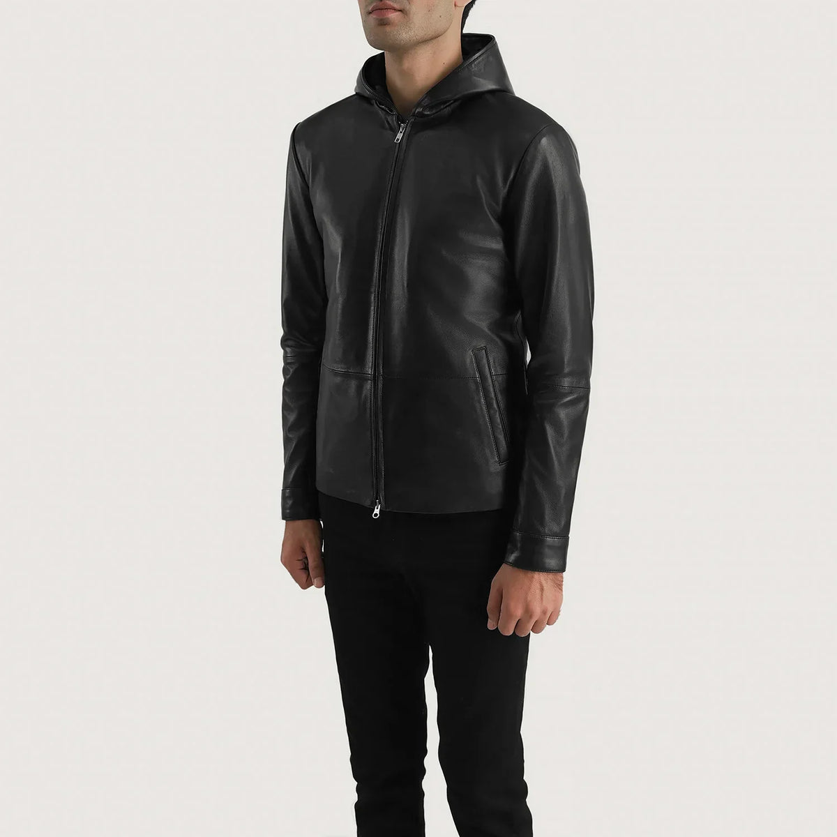 
Matte Black Sheepskin Leather Hooded Jacket - عرض خلفي يوضح تفصيل الأكتاف المتقن والحاشية النظيفة