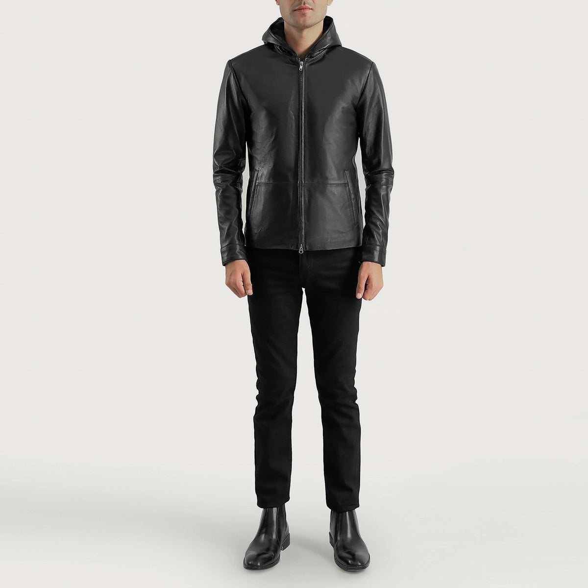 
تفاصيل مقربة of Hooded & Zipper Hardware on Andy Matte أسود Hooded جاكيت جلد رجالي