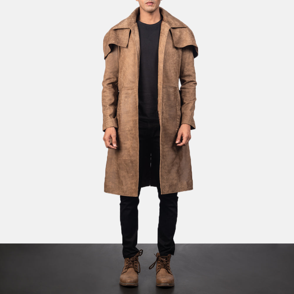 Men's Army بني Leather Duster رجالي in Distressed Brown Sheepskin Snuffed - Front Profile View &amp; Tailored Silhouette | Buy Online