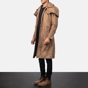 Distressed Brown Sheepskin Snuffed Trench Coat - Back View Showing Tailored Shoulder Fit &amp; Clean Hemline