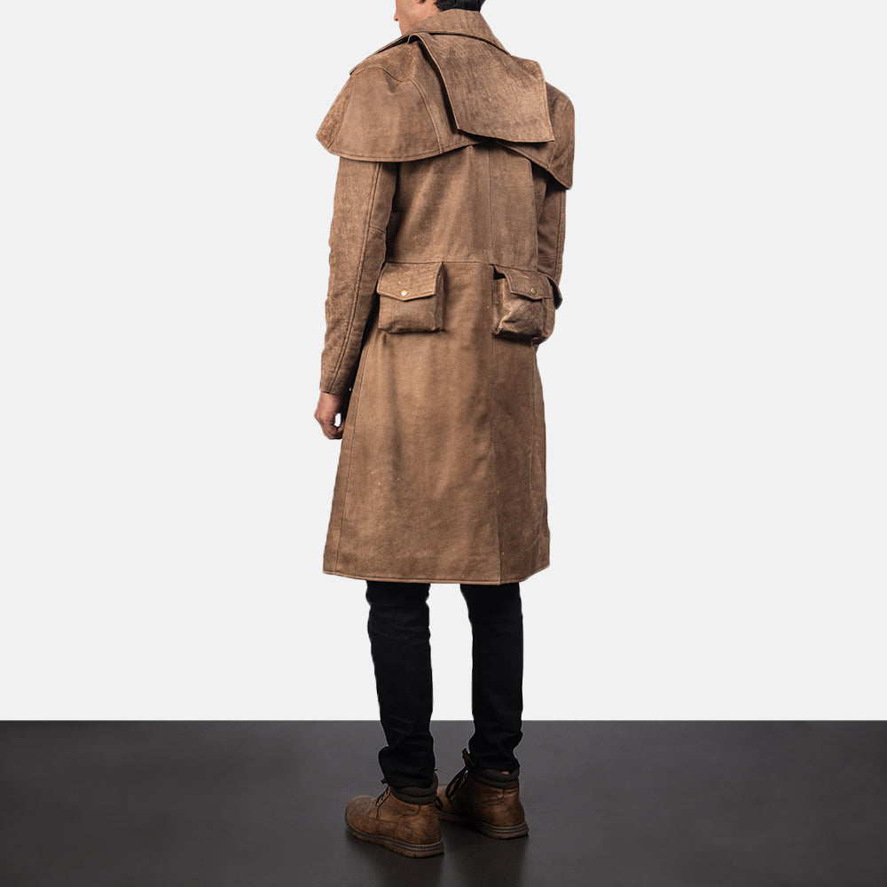 Men's Army بني Leather Duster رجالي - Lateral Side Profile View Showing Sleeve Cut &amp; Athletic Taper Fit