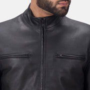 
تفاصيل مقربة of High neck & Zipper Hardware on Austere Matte أسود جاكيت بايكر جلد طبيعي رجالي