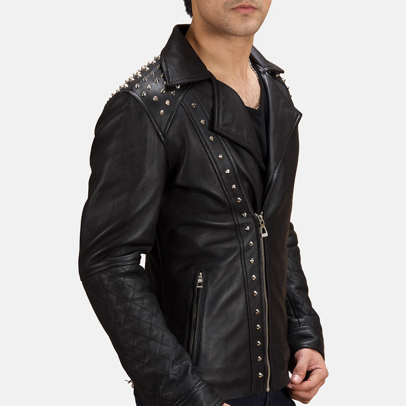 أسود Studded جاكيت بايكر جلد رجالي