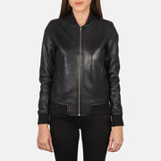 Close-Up Detail of Varsity - Rib Knit &amp; Zipper with Wind Flap Hardware on Women's Bliss أسود جاكيت بومبر جلد نسائي